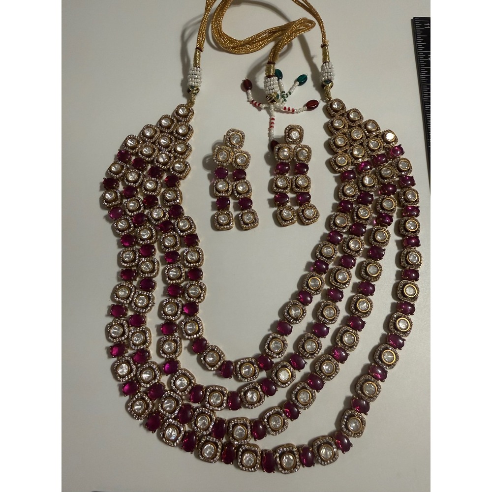 Indian Kundan‎ Rani Haar Necklace Set Ruby Pink Gold Bridal Jewelry 4 Strand
